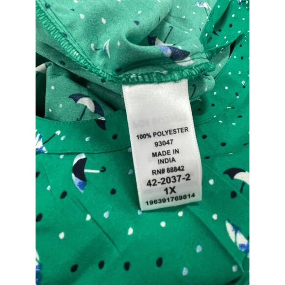 Catherines Womens Green Blouse 1X Umbrella Print 3/4 Sleeve Button-Front - Picture 6 of 6